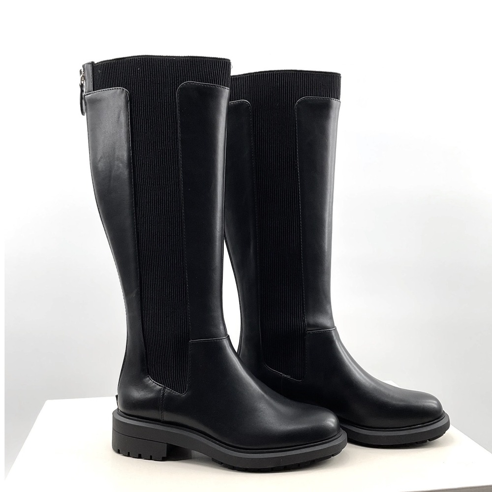 On 34th Womens Black Tall Riding Boots Ribbed Knit Elastic Back Zip Lug Sole